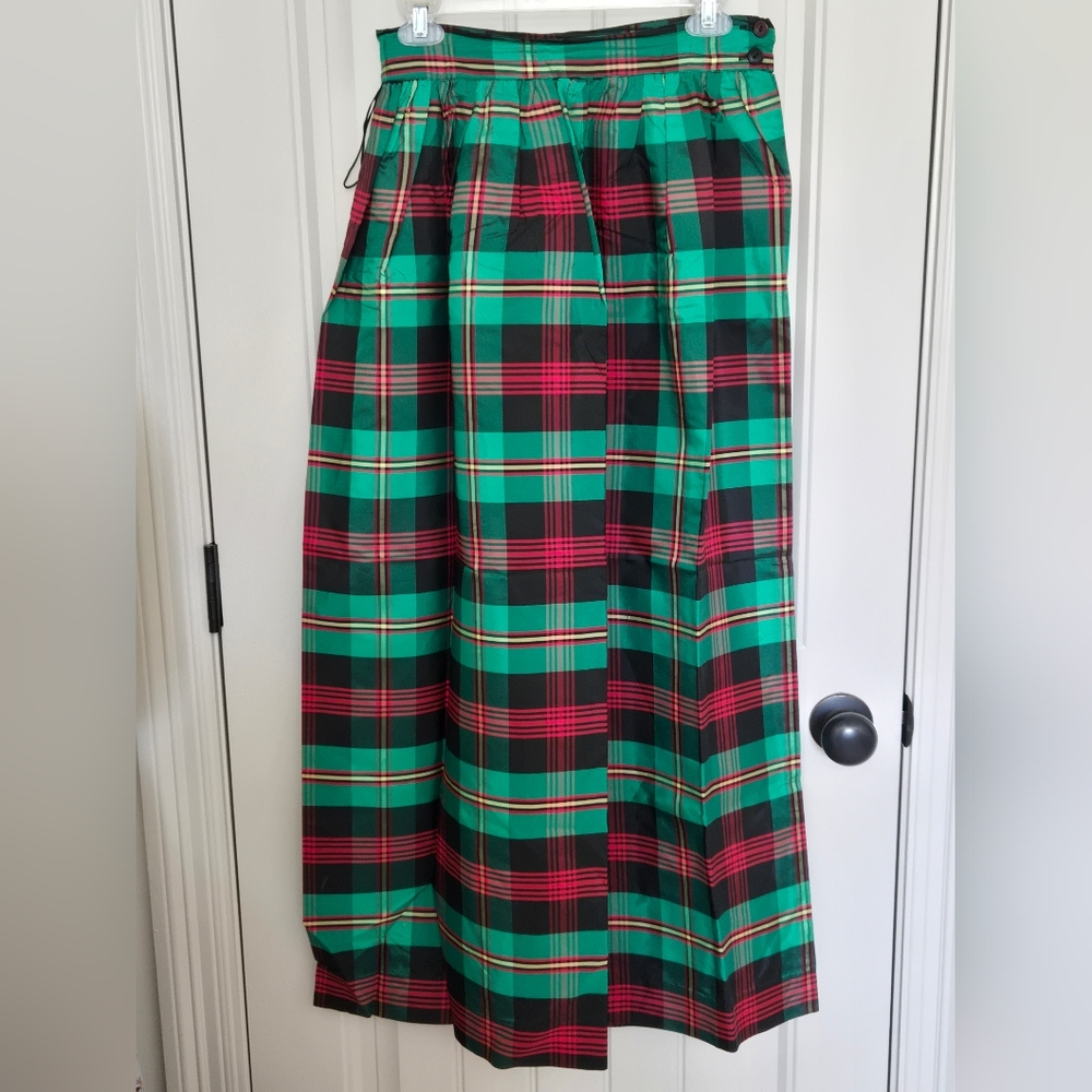 Vtg Montgomery Ward 100% Acetate Taffeta Skirt Kelly Green Red Plaid 28" Waist